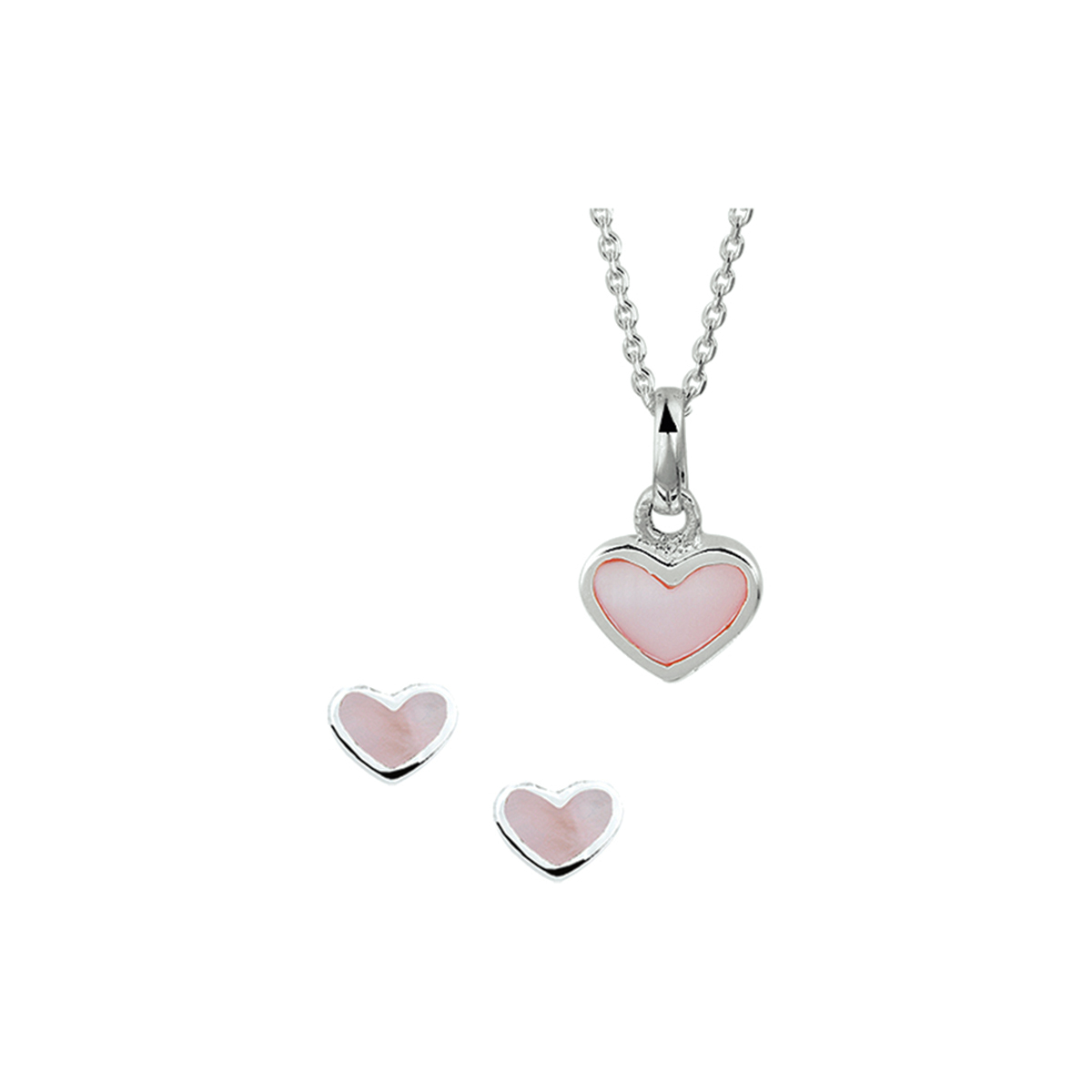 Zilveren set bestaande uit een collier en oorknoppen met een hartje van roze parelmoer. De schakelbreedte is 1.1mm.
