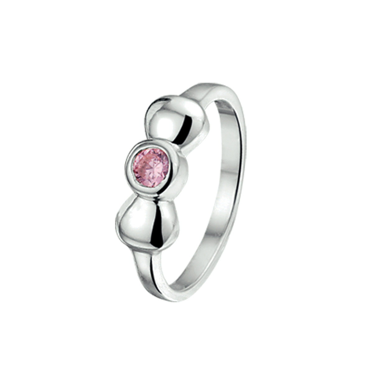 Zilveren ring in de vorm van een strik met een roze zirkonia.
Ringmaat 15