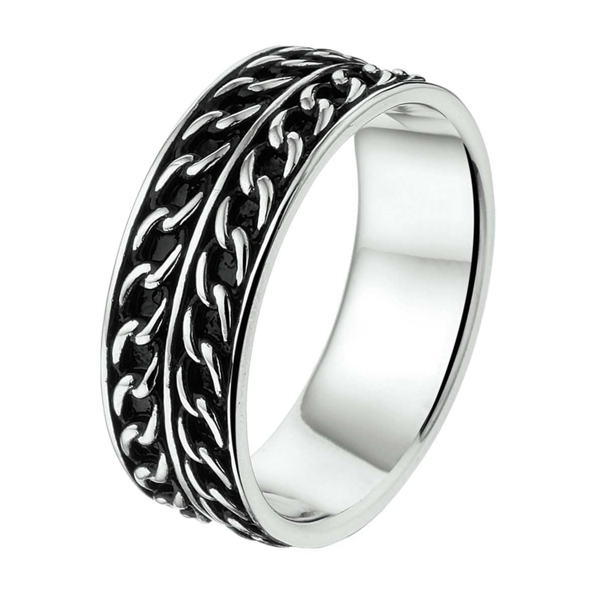 Beschrijving: Geoxideerd zilveren ring. 
Doelgroep: heren
Ringmaat: 21.50 mm (68)
Hoogte: 7.5 mm