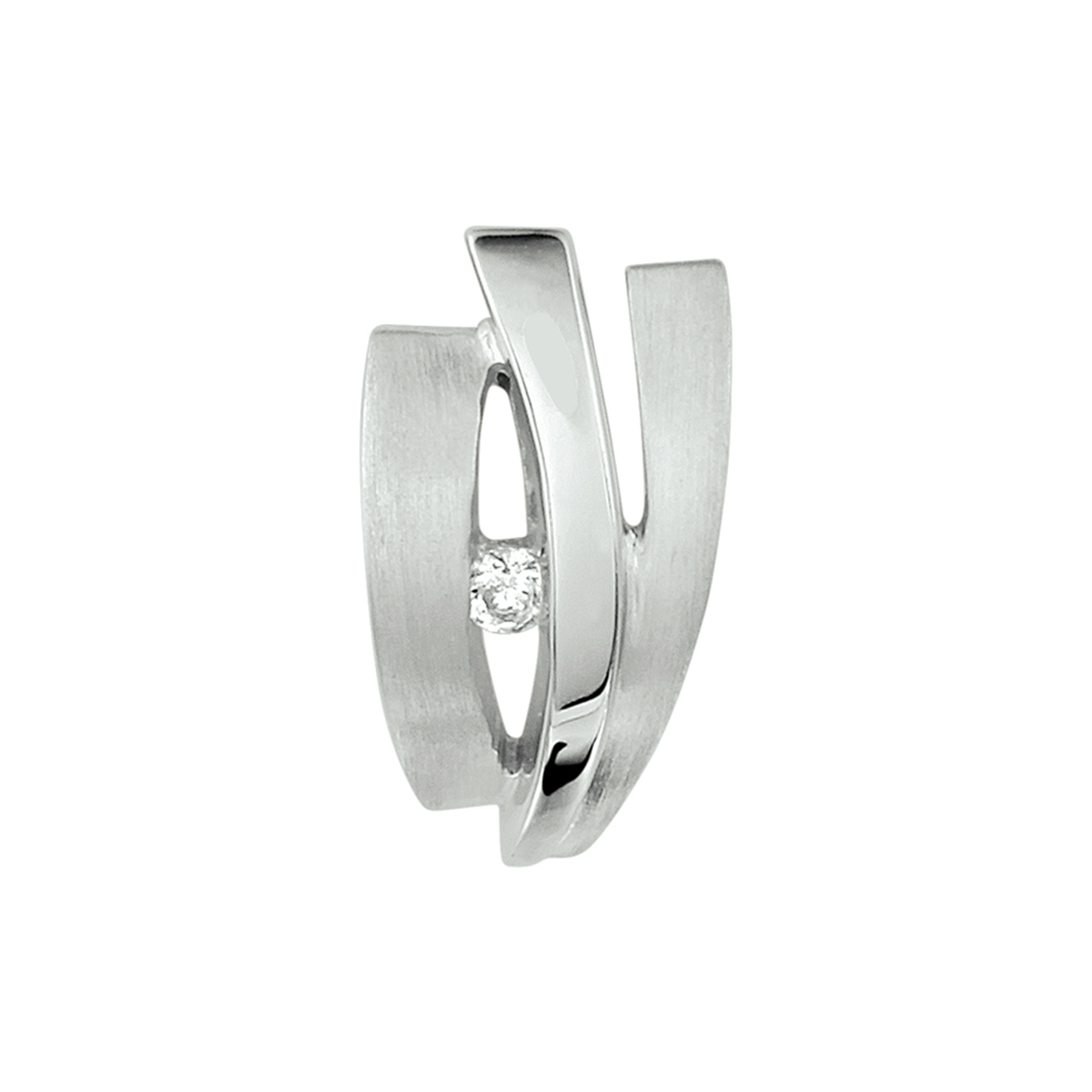 Beschrijving: Gerhodineerd zilveren hanger met zirkonia en een poli/matte afwerking. 
Doelgroep: dames
Breedte: 8.5 mm
Hoogte: 15.5 mm
Zetting: solitaire (span zetting)