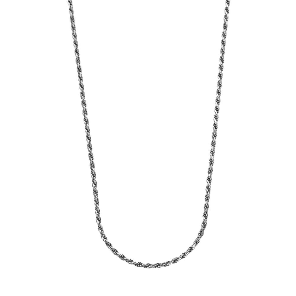 Sterling 925 zilveren gerhodineerde "rope"ketting van 3mm breed. Mooi om met een andere ketting te "layeren" en geschikt voor onze zilveren hangers