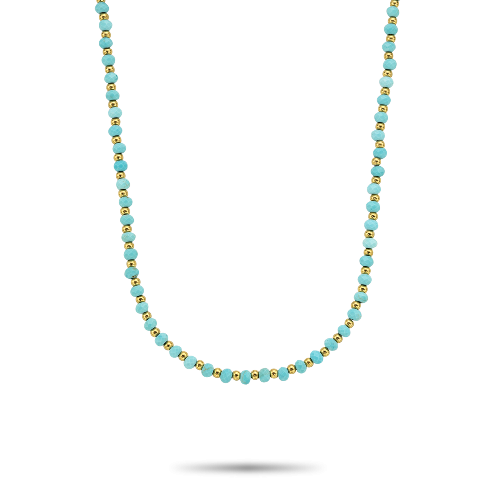 Dit is een collier van het merk Rebel & Rose
Bead ketting, handgemaakt van 3 mm 18-karaats goud ion-plated edelstalen stenen en gefaceteerde Turquoise stenen, met een 18-karaats goud ion-plated edelstalen schroefsluiting. Het Rebel & Rose sieraad is makkelijk te combineren met zilveren, leren of kralenarmbanden.