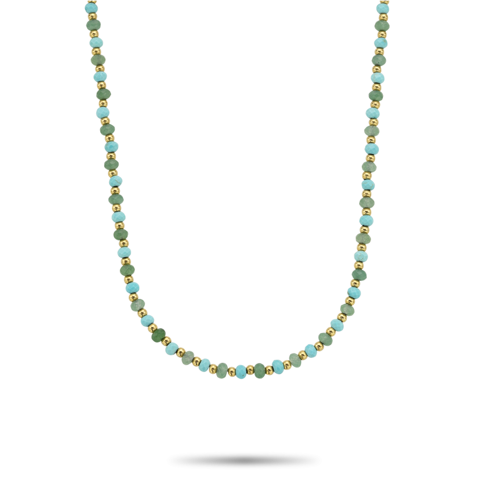 Bead ketting, handgemaakt van 3 mm 18-karaats goud ion-plated edelstalen stenen, gefaceteerde Turquoise stenen, en gefaceteerde groene Aventurijn stenen, met een 18-karaats goud ion-plated edelstalen schroefsluiting. Het Rebel & Rose sieraad is makkelijk te combineren met zilveren, leren of kralenarmbanden.