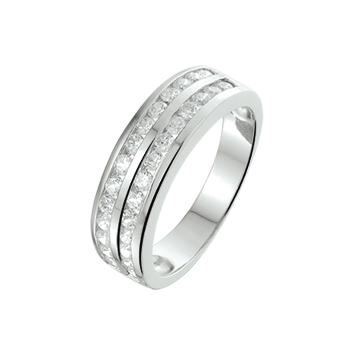 Beschrijving: Gerhodineerd zilveren ring met zirkonia. 
Uniekenummer serie: 26237
Verpakt per: 1
Doelgroep: dames
Ringmaat: 17.75 mm (56)
Breedte: 6 mm
Zetting: alliance (rail zetting)