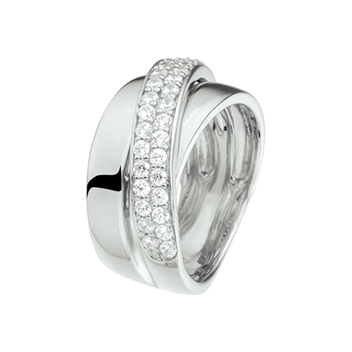 Gerhodineerd zilveren ring met zirkonia. 
Uniekenummer serie: 26273
Ringmaat: 16.50 mm (52)
Breedte: 10 mm
Zetting: pave