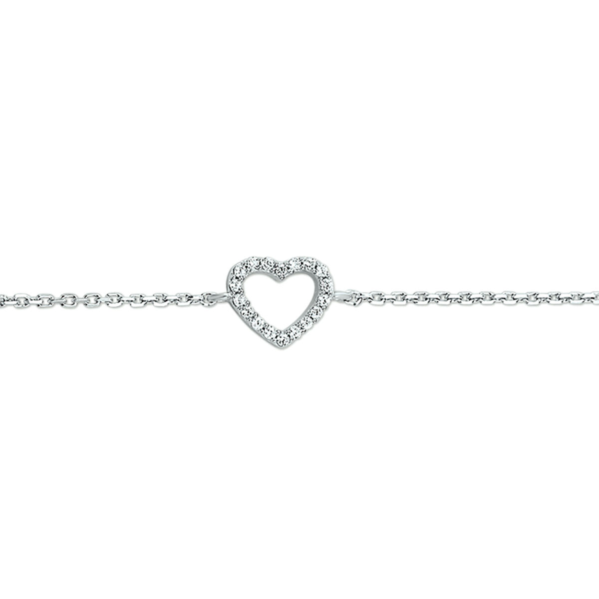 zilveren gerhodineerde armband met een hartje ertussen, zirkonia.