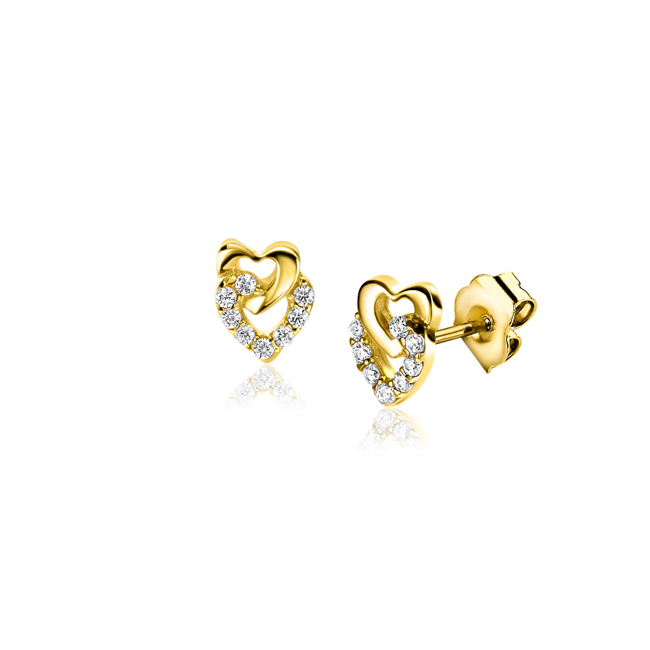 6mm ZINZI Gold 14 krt gouden oorstekers verbonden open hartjes, glad en bezet met witte zirconia's ZGO472
