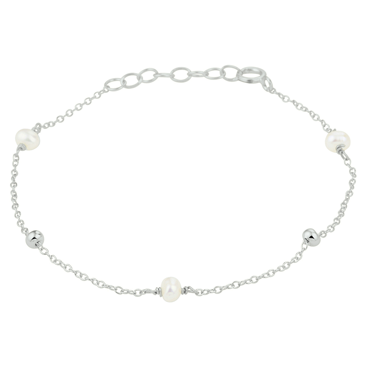 Gerhodineerd 925 zilveren armband uitgevoerd met een witte parel. De armband heeft een draaglengte van 16.5cm met een extensie van 2cm. De parel heeft een breedte van 4.3mm.