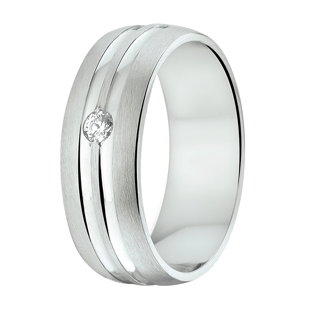 Gerhodineerd zilveren relatiering uitgevoerd met zirkonia. De ring heeft een breedte van 6.5mm.