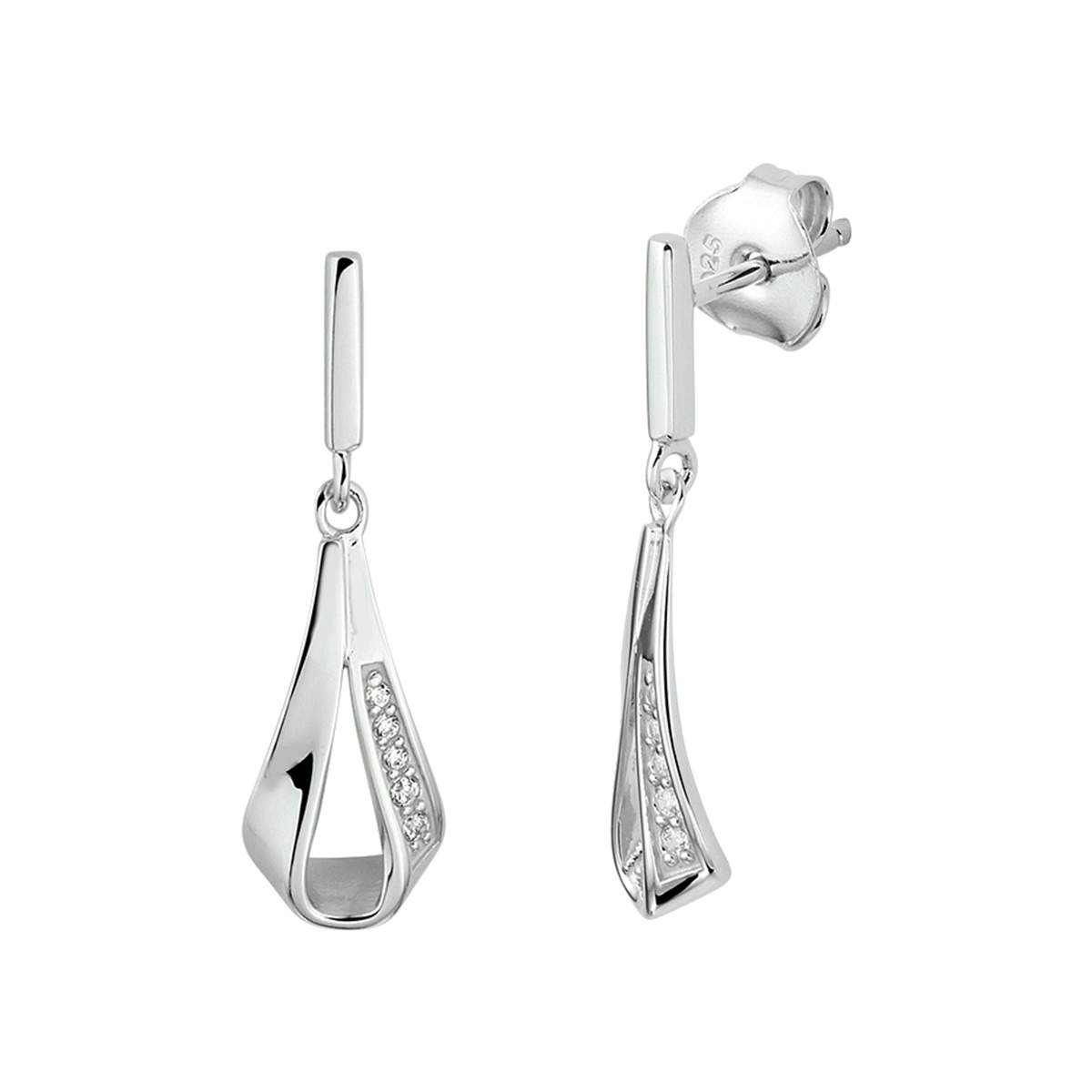 Gerhodineerd 925 zilveren oorhangers uitgevoerd met een schitterende zirkonia rij. De oorhangers hebben een totale hoogte van 2.6cm en een breedte van 7.5mm.