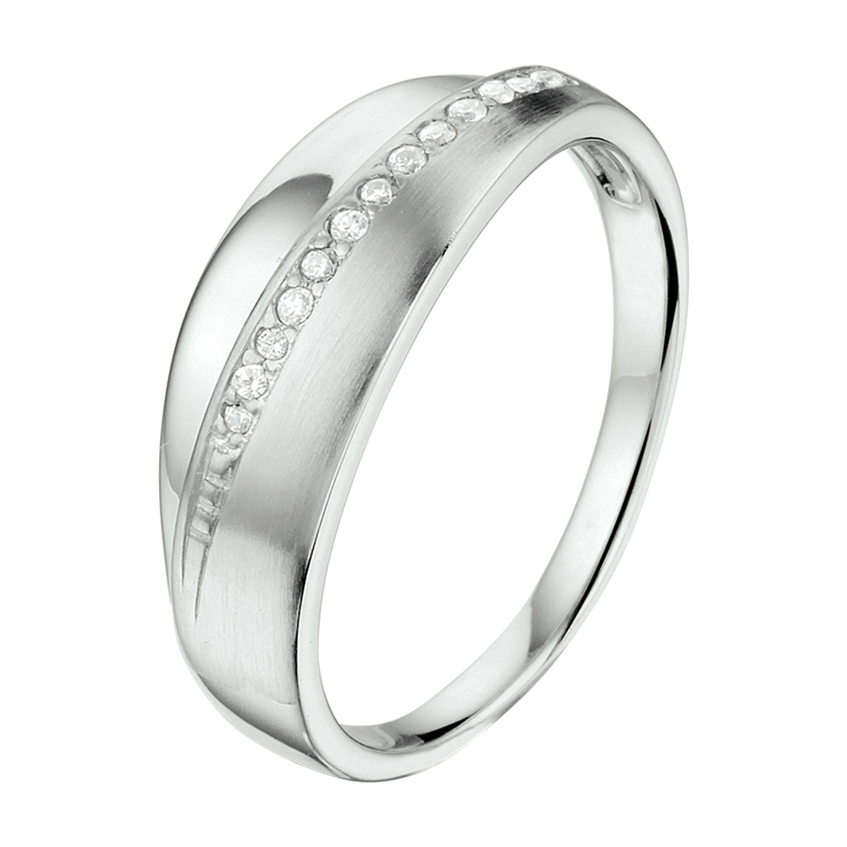 Gerhodineerd 925 zilveren ring uitgevoerd met een schitterende zirkonia rij en een poli/matte afwerking. De ring heeft een breedte van 6.5mm.