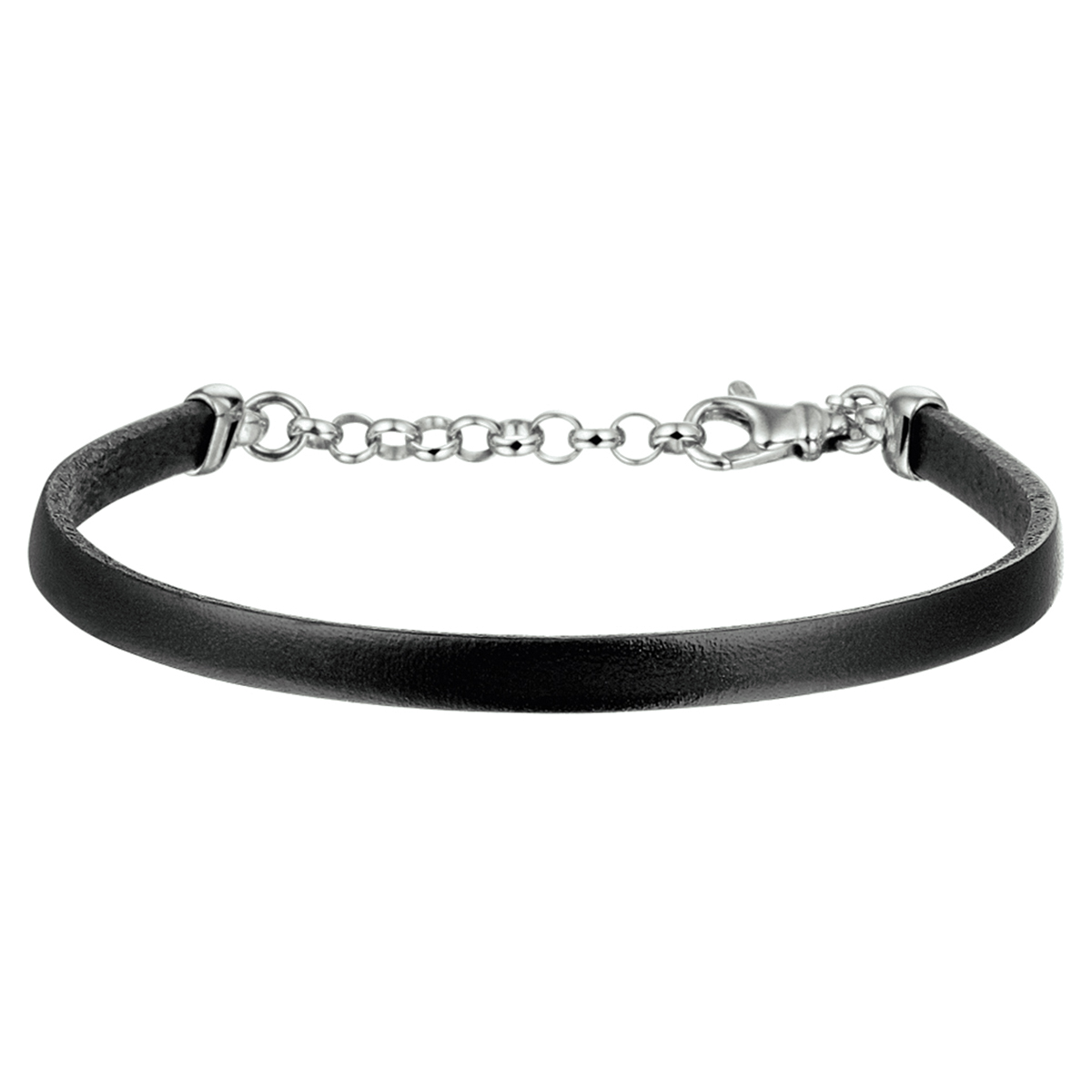 Beschrijving: Gerhodineerd zilveren armband met zwart leer. 
Verpakt per: 1
Doelgroep: heren
Breedte: 5 mm
Langste lengte: 21.5 mm