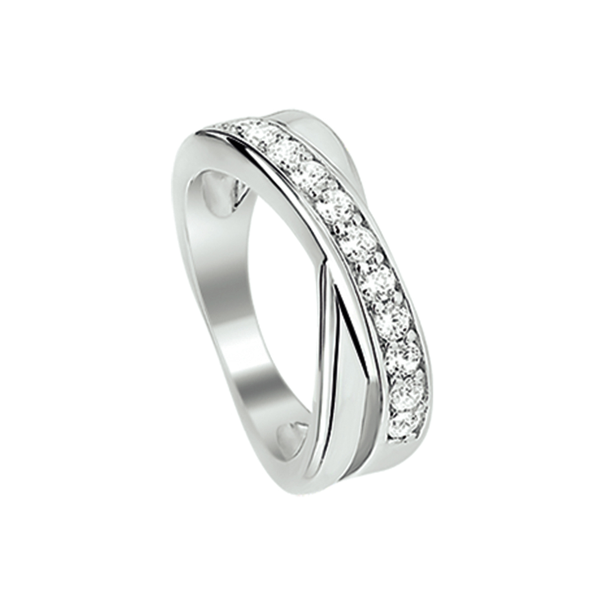 Beschrijving: Gerhodineerd zilveren ring met zirkonia. 
Uniekenummer serie: 26217
Verpakt per: 1
Doelgroep: dames
Ringmaat: 17.25 mm (54)
Breedte: 6.5 mm
Zetting: entourage (rijzetting)