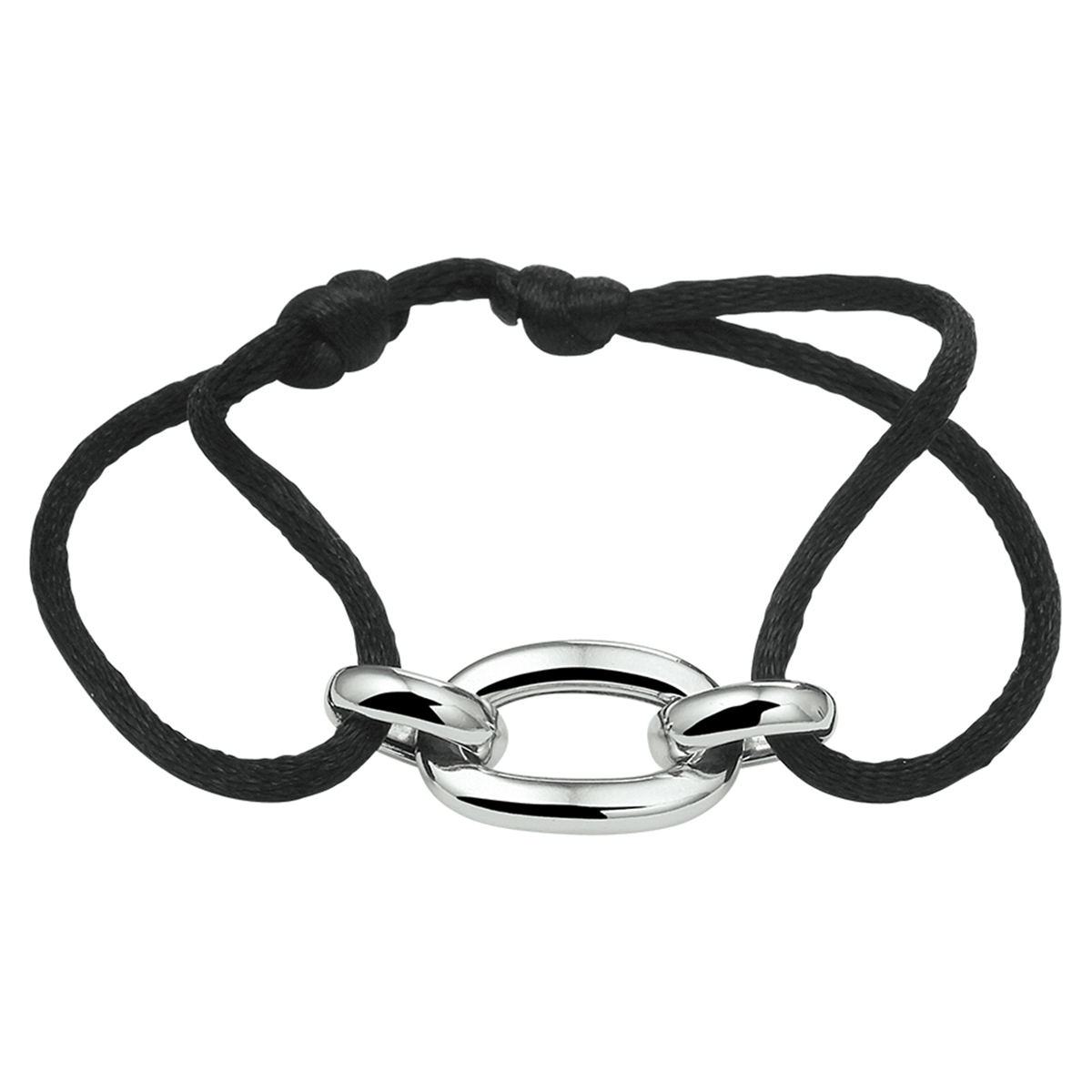 Armband zijde
Zwart gevlochten armband uitgevoerd met gerhodineerd 925 zilveren schakels. De armband heeft draaglengtes van 13 tot 26cm.