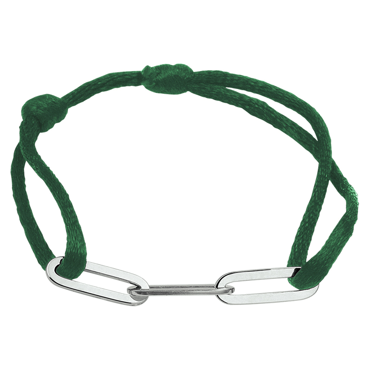 Groen gevlochten armband uitgevoerd met gerhodineerd 925 zilveren schakels met een breedte van 5mm. De armband heeft draaglengtes van 13 tot 26cm.