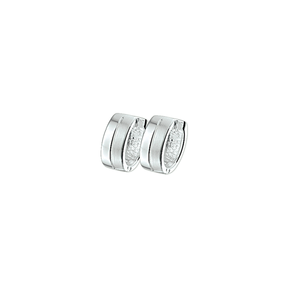 Gerhodineerde zilveren klapoorringen met een poli/matte afwerking. 
Breedte: 5 mm
Diameter: 12,5 mm