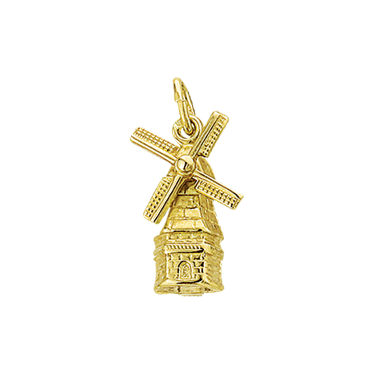 14 Karaats Geelgouden Bedel Hanger in de Gedetailleerde vorm van een molen met draaiende wieken.
Breedte: 11 mm
Hoogte: 16 mm