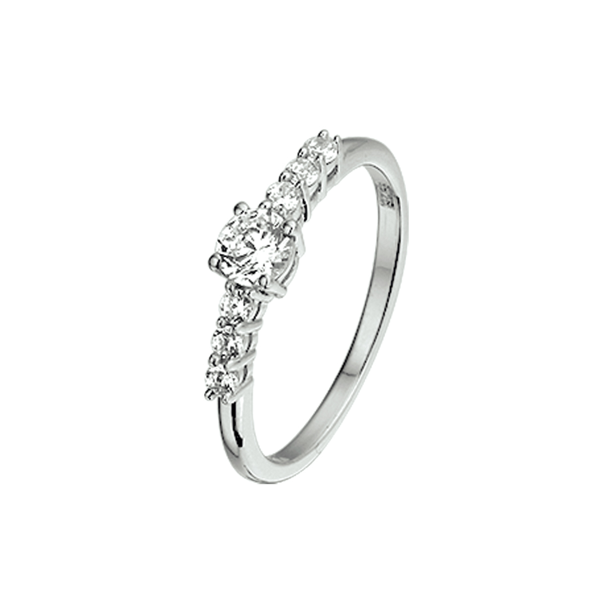 Beschrijving: Gerhodineerd zilveren ring met zirkonia. 
Doelgroep: dames
Ringmaat: 17.25 mm (54)
Zetting: entourage (rijzetting)