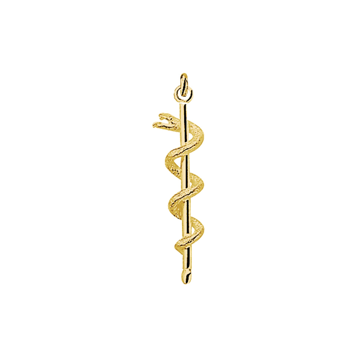 Geelgouden bedel met een esculaap.
Doelgroep: unisex
Breedte: 8 mm
Hoogte: 28 mm