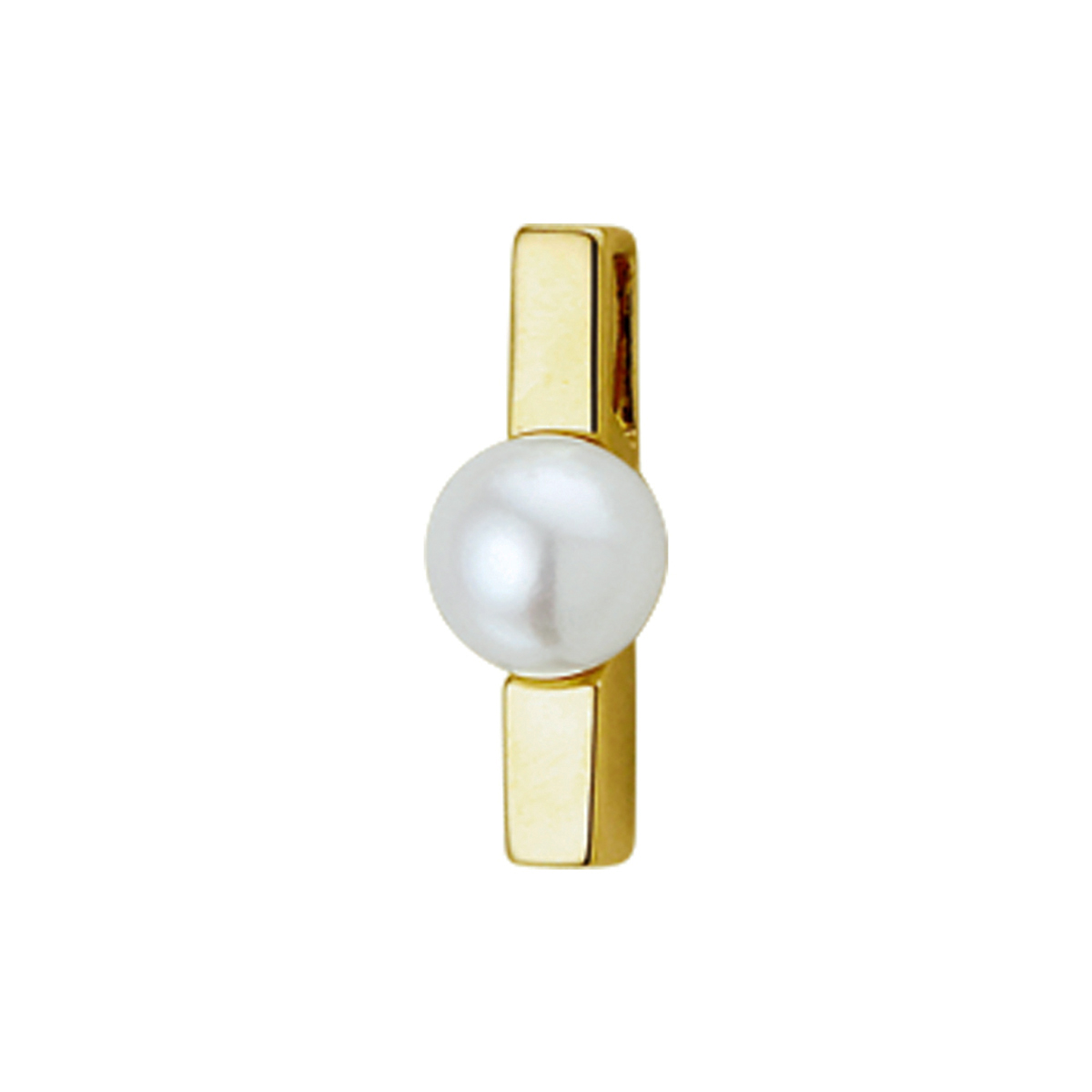 Geelgouden hanger met zoetwaterparel. 
Breedte: 4.5 mm Hoogte: 12.5 mm