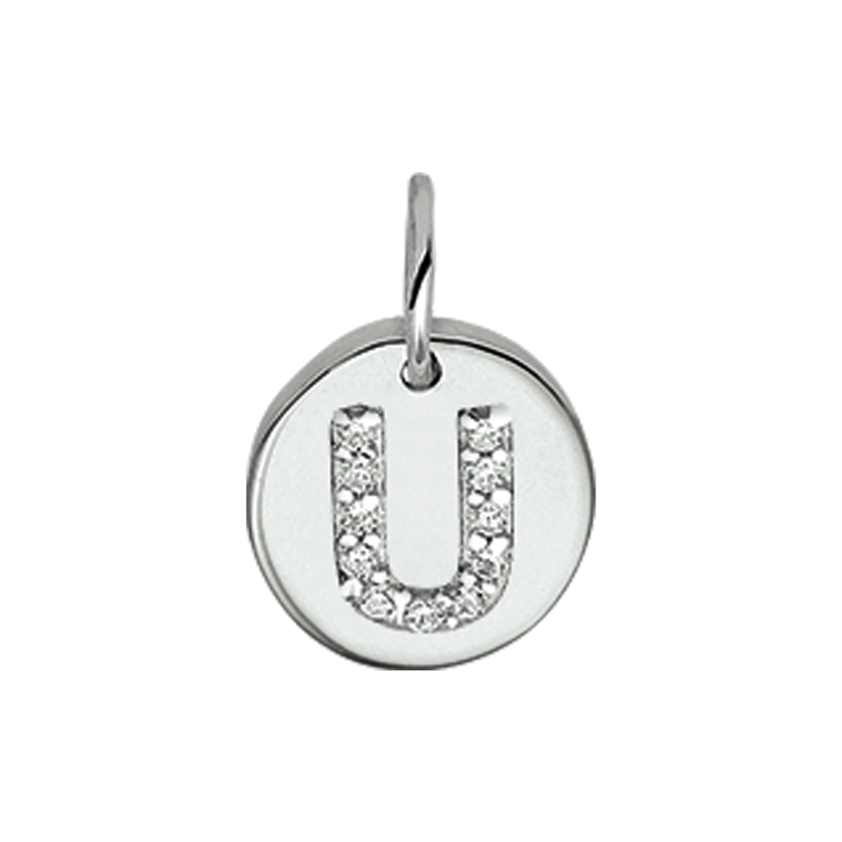 Beschrijving: Gerhodineerd zilveren bedel met de letter U en zirkonia. 
Uniekenummer serie: 35761
Verpakt per: 1
Doelgroep: unisex
Breedte: 9.5 mm
Zetting: entourage (rijzetting)