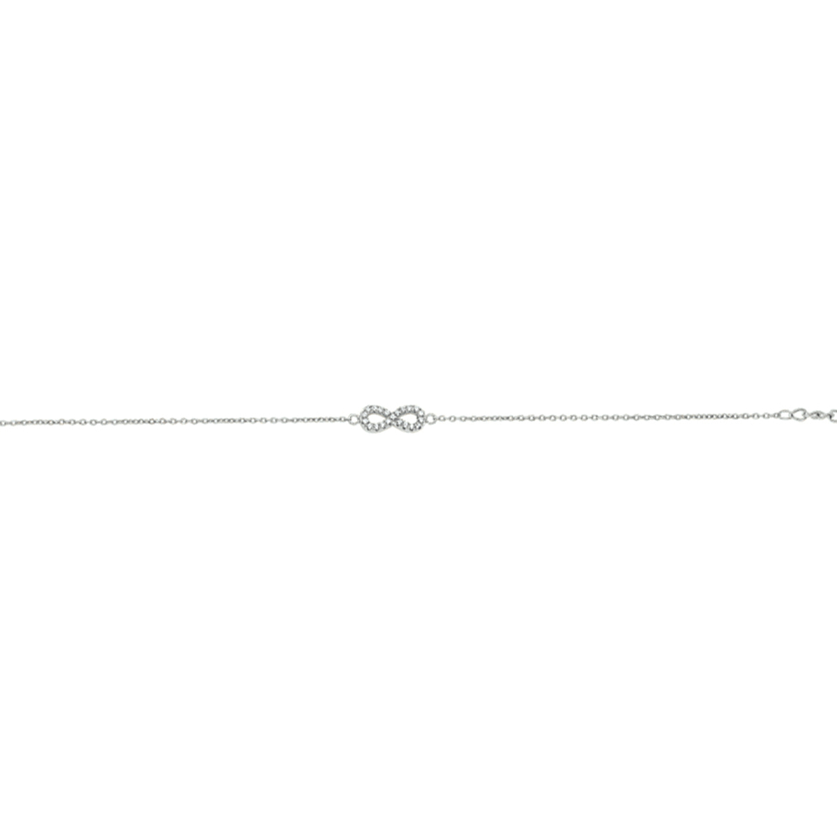 Beschrijving: Gerhodineerd zilveren armband met infinity teken en zirkonia. De lengte van de armband bedraagt 16cm met 2.5cm extensie. De schakelbreedte bedraagt 1.1mm. 
Verpakt per: 1
Doelgroep: dames
Breedte: 5.5 mm
Kortste lengte: 16 mm
Langste lengte: 18.5 mm
Hoogte: 17 mm