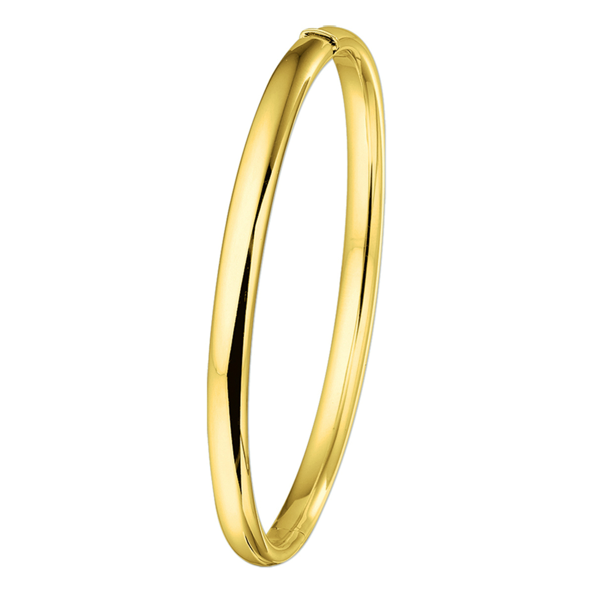 Beschrijving: Geelgouden slavenarmband met een halfronde buis en een scharnier-sluiting. 
Verpakt per: 1
Doelgroep: dames
Breedte: 5 mm