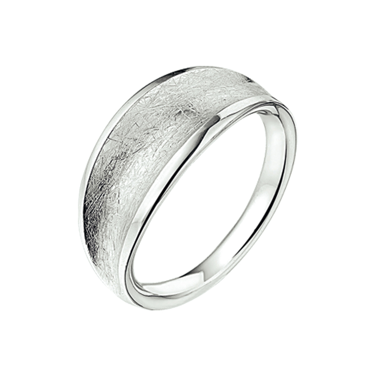 Beschrijving: Gerhodineerd zilveren ring met een poli/gescratchte afwerking. 
Doelgroep: dames
Ringmaat: 16.50 mm (52)
Breedte: 9 mm