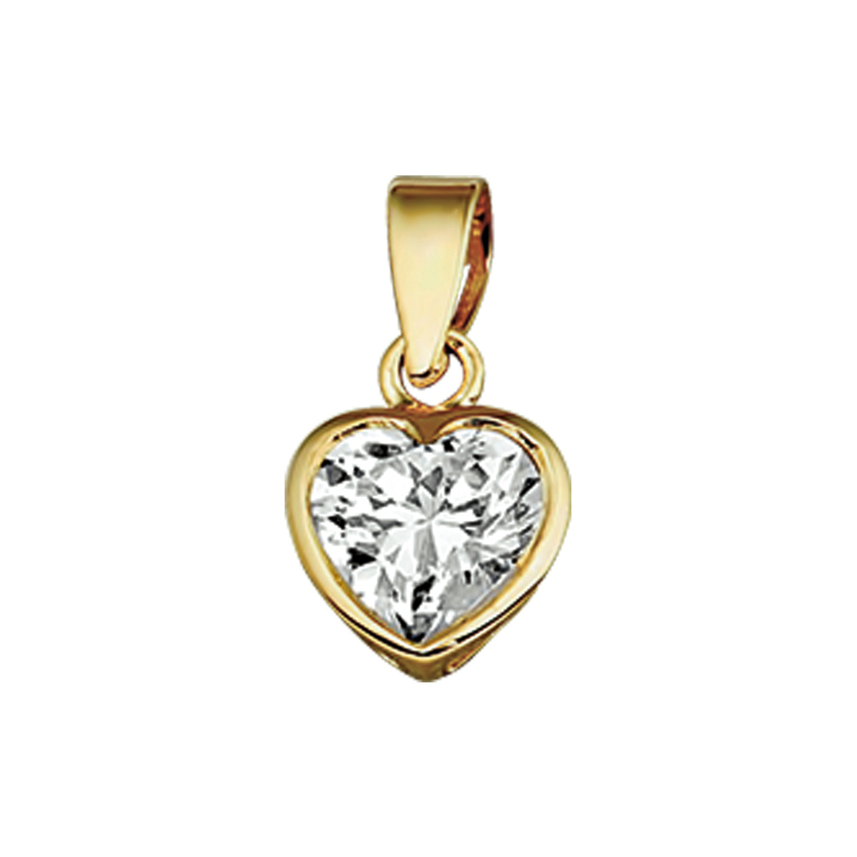 Beschrijving: Geelgouden hanger met een hart en zirkonia. 
Doelgroep: dames
Breedte: 8 mm
Hoogte: 10 mm
Zetting: solitaire (kastzetting)
