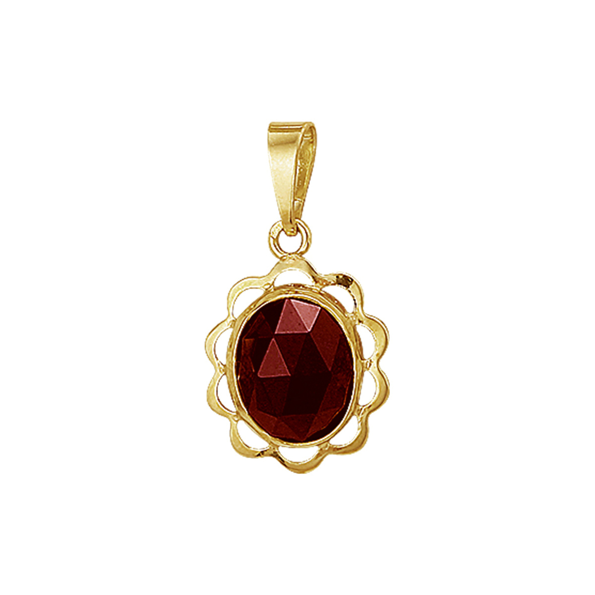 Beschrijving: Geelgouden hanger met granaat. 
Verpakt per: 1
Doelgroep: dames
Breedte: 12 mm
Hoogte: 16 mm