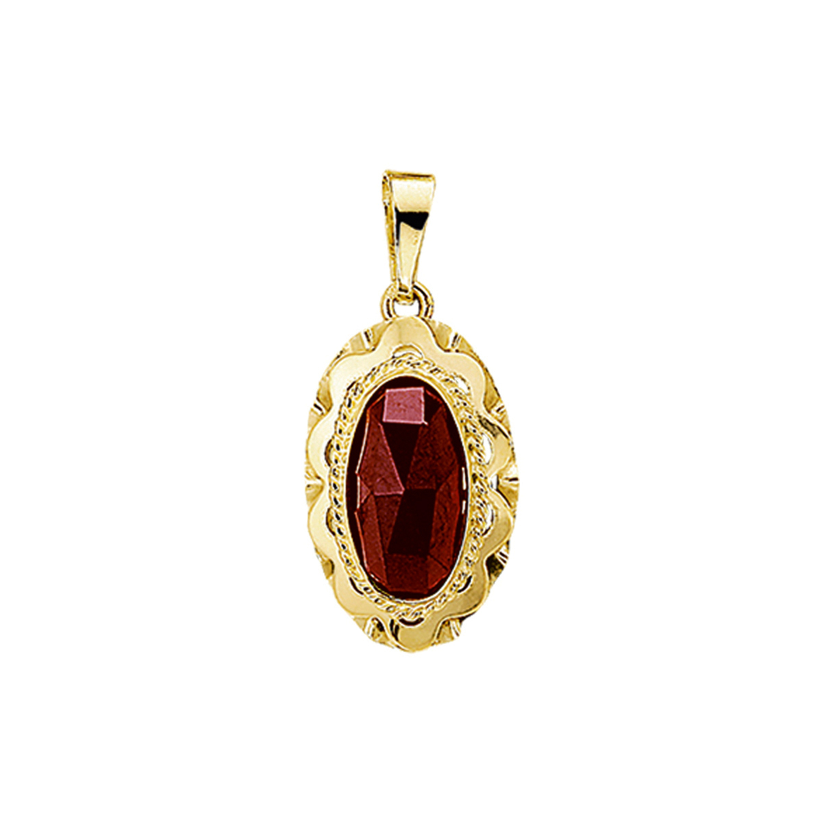 Beschrijving: Geelgouden hanger met granaat. 
Doelgroep: dames
Breedte: 11 mm
Hoogte: 20 mm