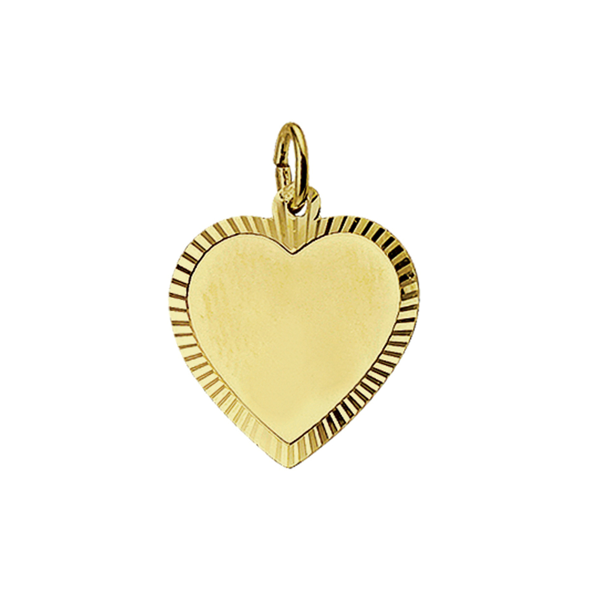 Geelgouden graveerhart met een gediamanteerde afwerking en een dikte van 0.7mm.