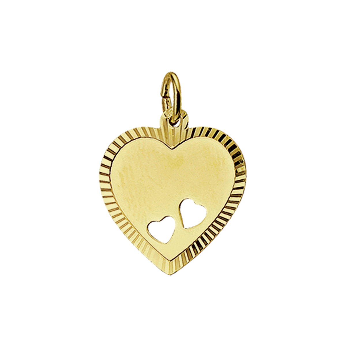 Beschrijving: Geelgouden graveerhart met een gediamanteerde afwerking en gestanste hartjes. 
Verpakt per: 1
Doelgroep: unisex
Breedte: 15.5 mm
Hoogte: 16 mm