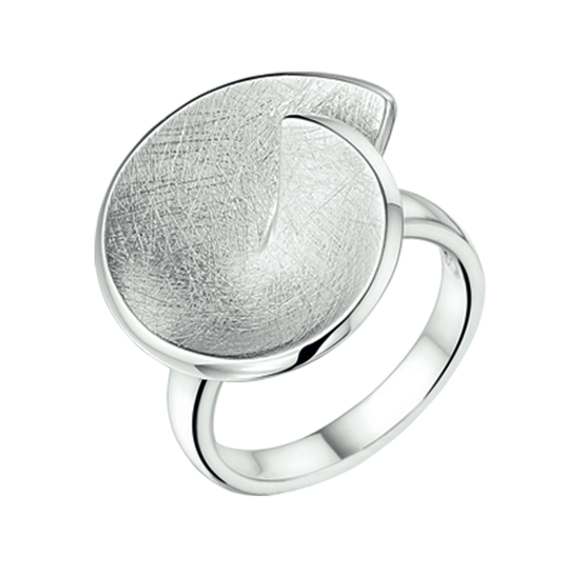 Beschrijving: Gerhodineerd zilveren ring met een poli/gescratchte afwerking. 
Doelgroep: dames
Ringmaat: 17.75 mm (56)
Breedte: 19 mm
