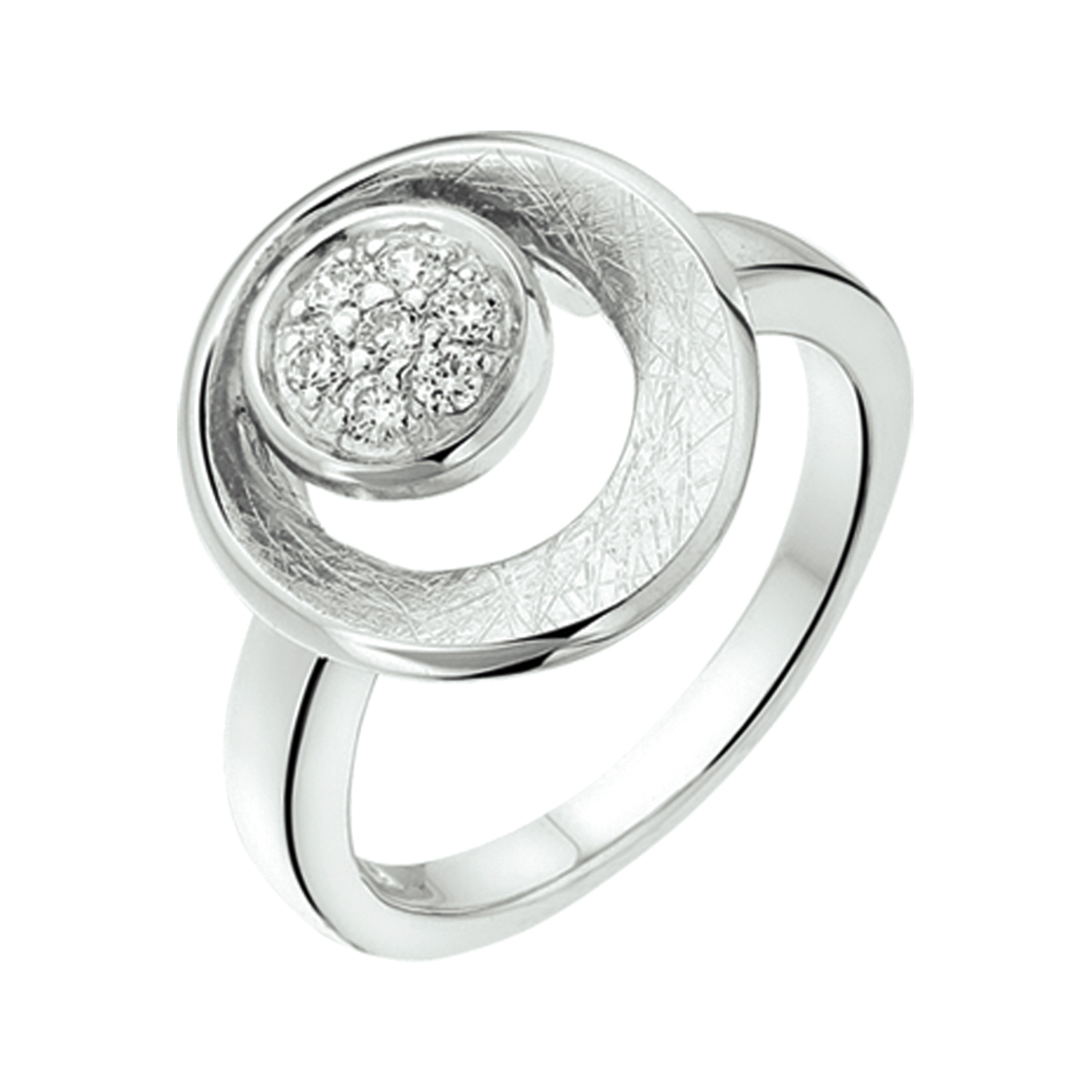 Beschrijving: Gerhodineerd zilveren ring met zirkonia. 
Uniekenummer serie: 32095
Verpakt per: 1
Doelgroep: dames
Ringmaat: 17.25 mm (54)
Breedte: 14 mm
Zetting: pave
