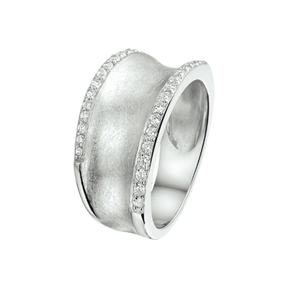 Beschrijving: Gerhodineerd zilveren ring met zirkonia en een poli/scratch bewerking. 
Uniekenummer serie: 32544
Verpakt per: 1
Doelgroep: dames
Ringmaat: 16.50 mm (52)
Breedte: 10 mm
Zetting: entourage (rijzetting)