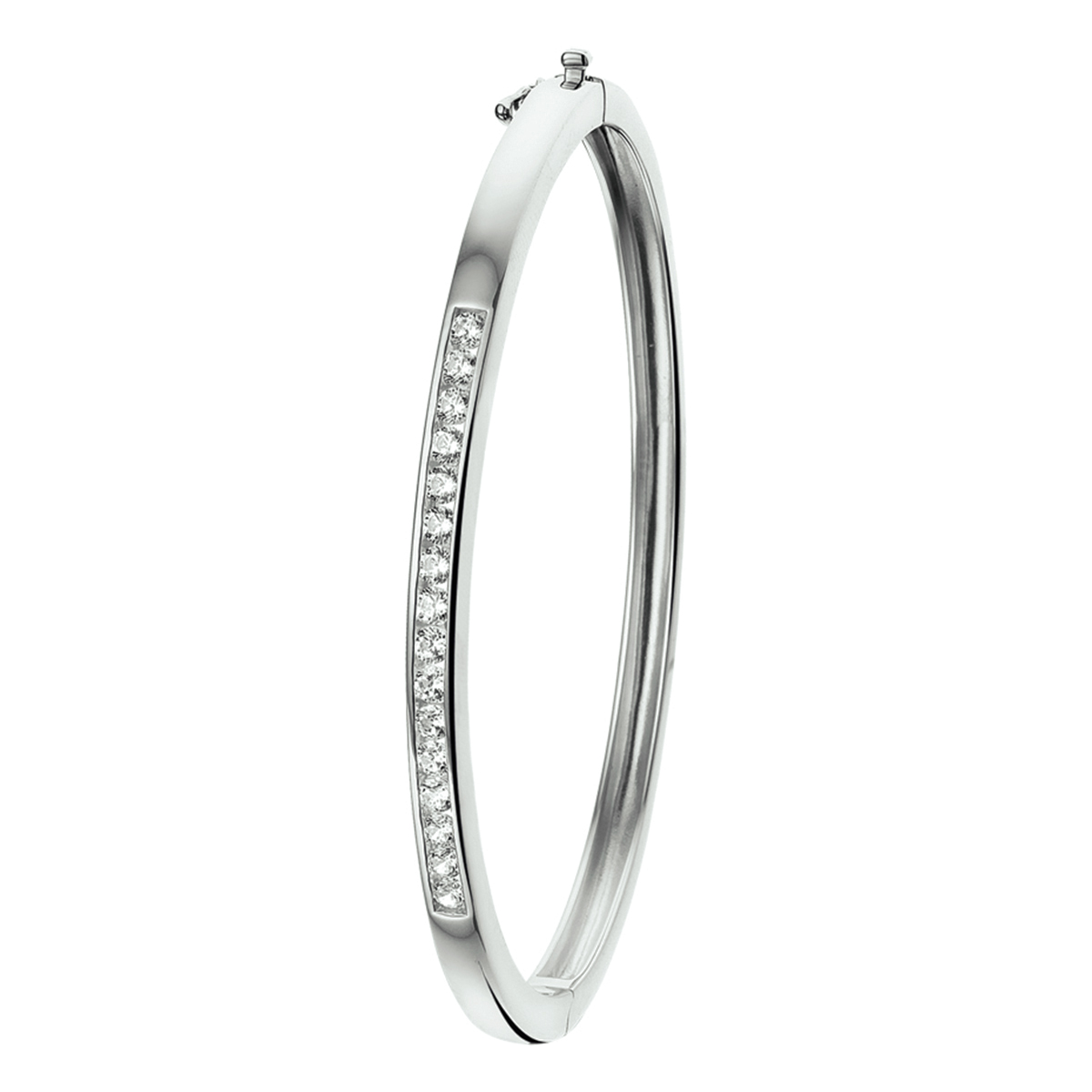 Gerhodineerd zilveren bangle armband  met zirkonia en een scharnier-sluiting. 
Uniekenummer serie: 32240
Breedte: 4 mm
Zetting: alliance (rail zetting)