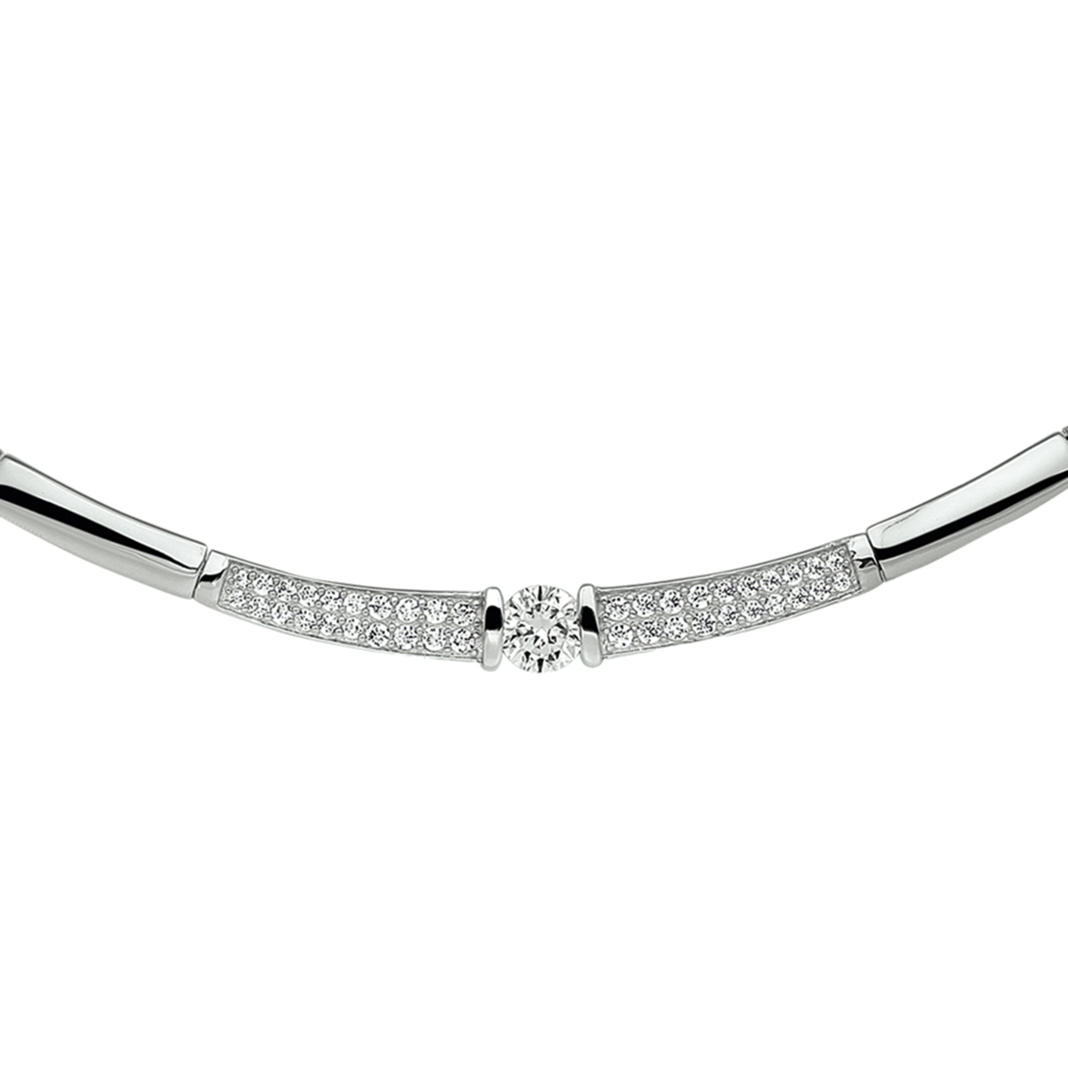Gerhodineerd zilveren choker collier met zirkonia
Doelgroep: dames
Breedte: 4 mm
Kortste lengte: 42 cm
Langste lengte: 45 cm
Zetting: pave