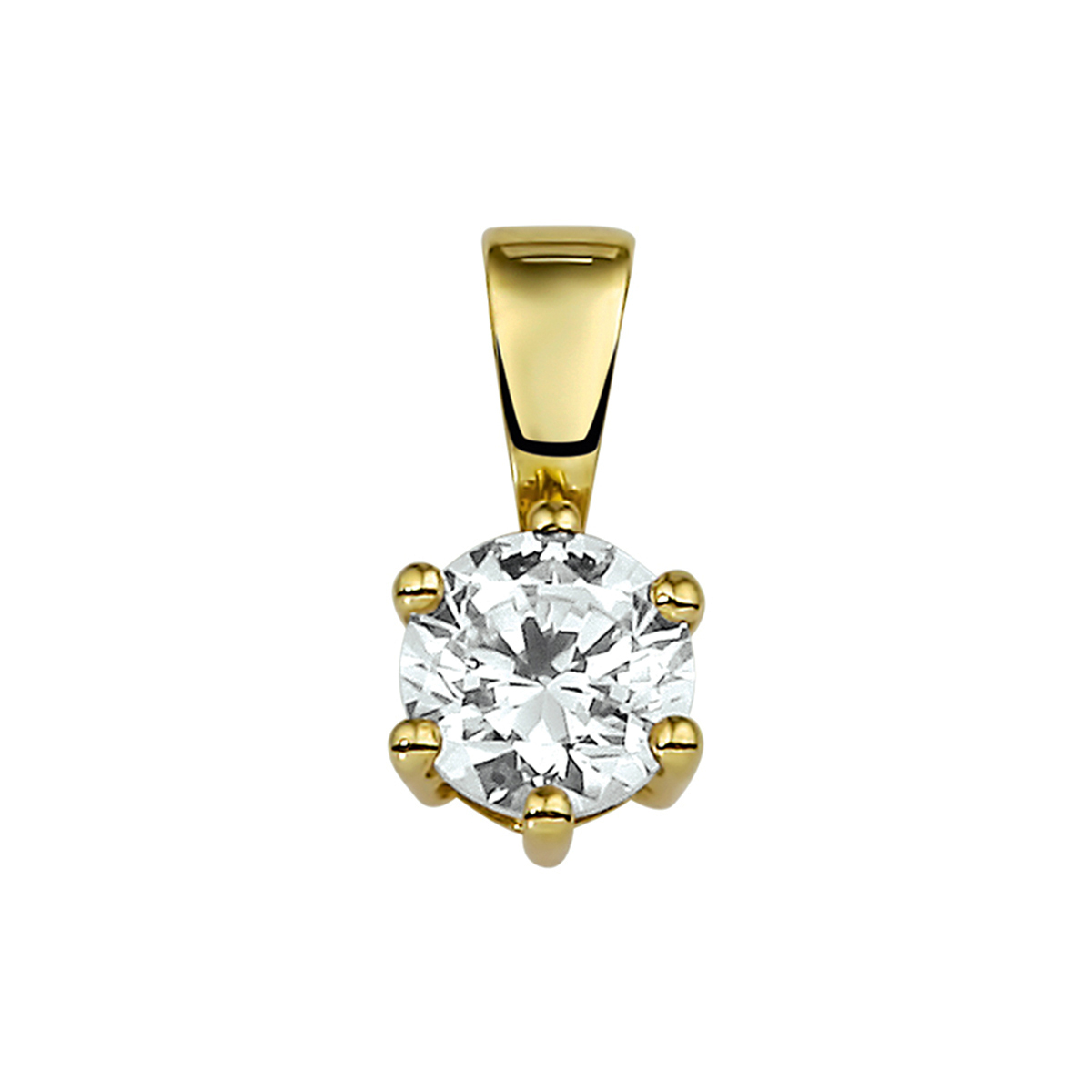 Beschrijving: Geelgouden hanger met zirkonia. 
Verpakt per: 1
Doelgroep: dames
Zetting: solitaire (chatonzetting)