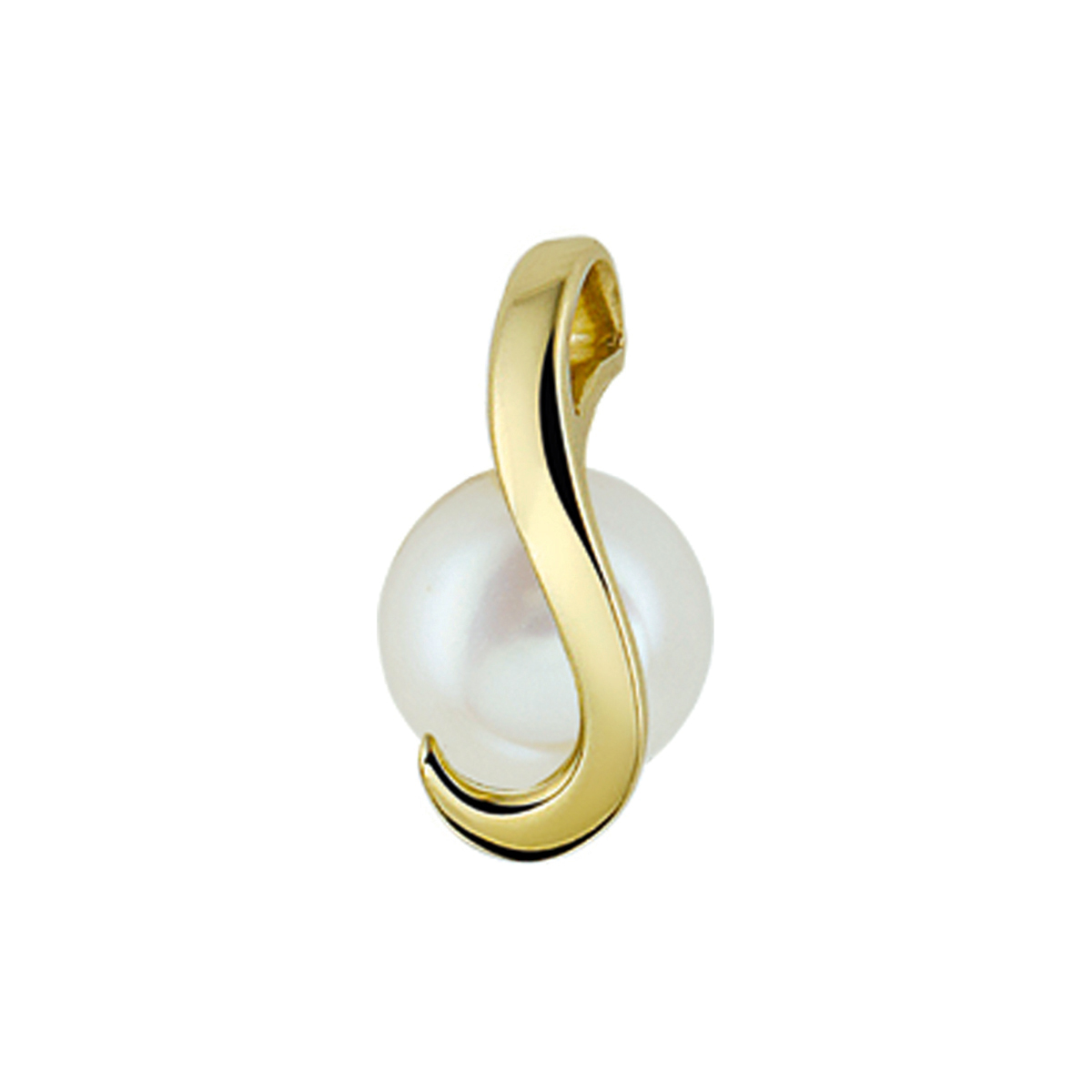 Geelgouden hanger met zoetwaterparel. 
Doelgroep: dames
Breedte: 8.5 mm
Hoogte: 16 mm