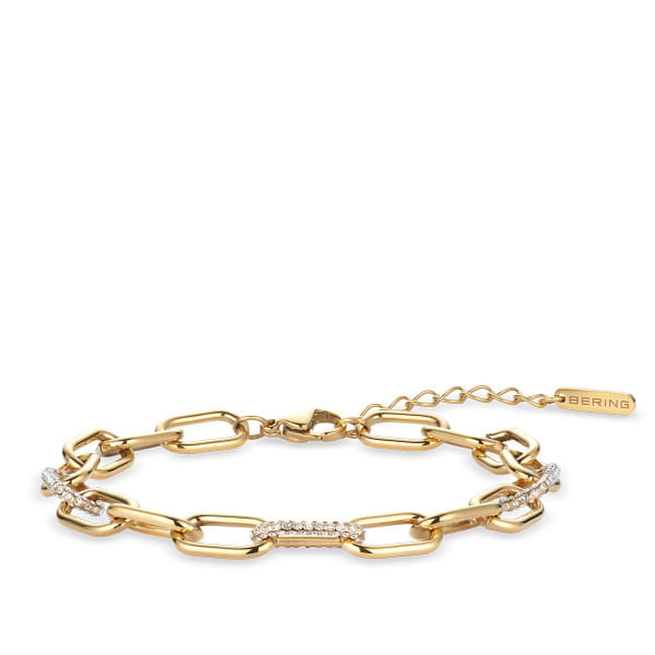 Bering stalen goldplated paperclip armband waarvan een aantal schakels met zirkonia
