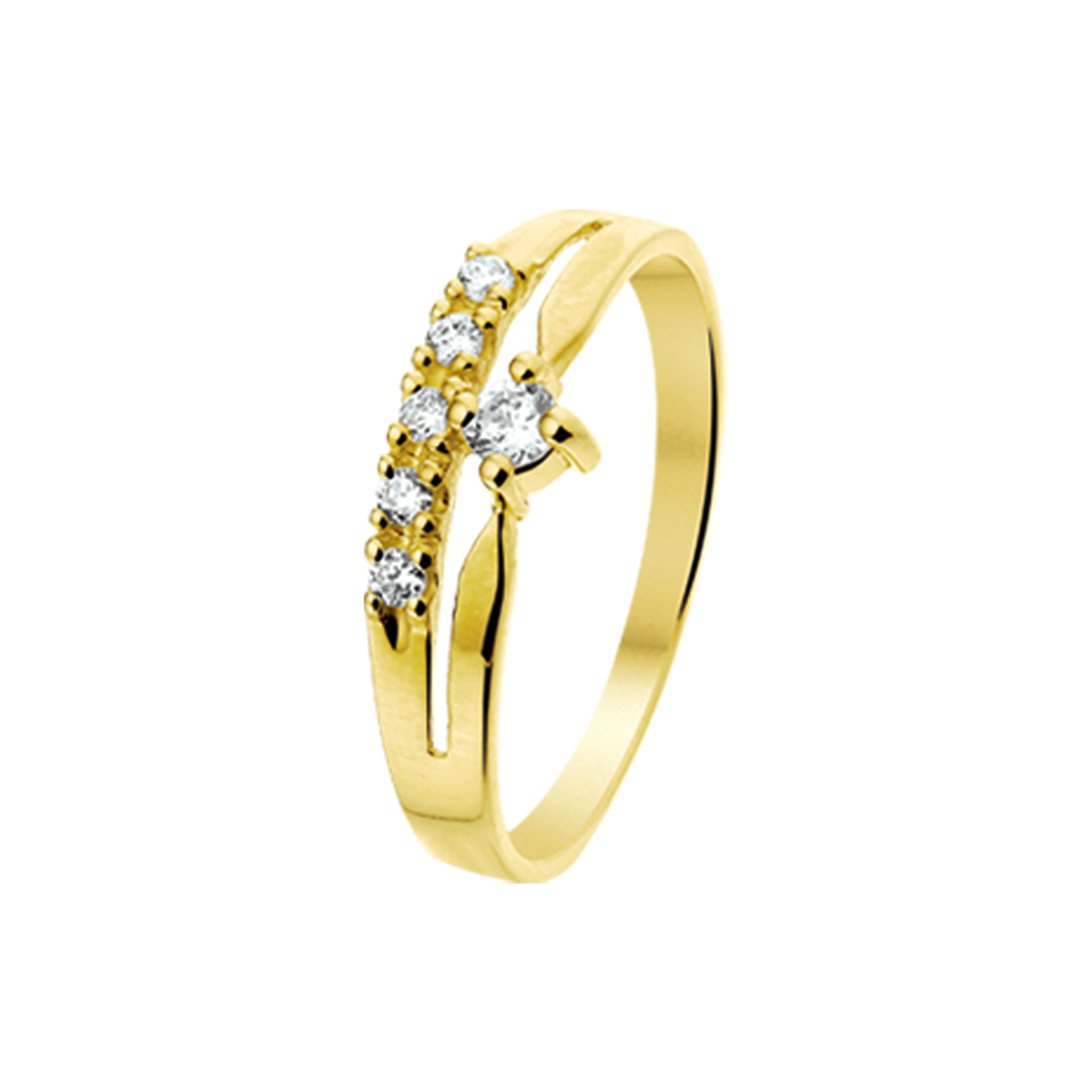 Beschrijving: Geelgouden ring met zirkonia. 
Doelgroep: dames
Ringmaat: 18.50 mm (58)
Breedte: 6.5 mm
Zetting: entourage (rijzetting)