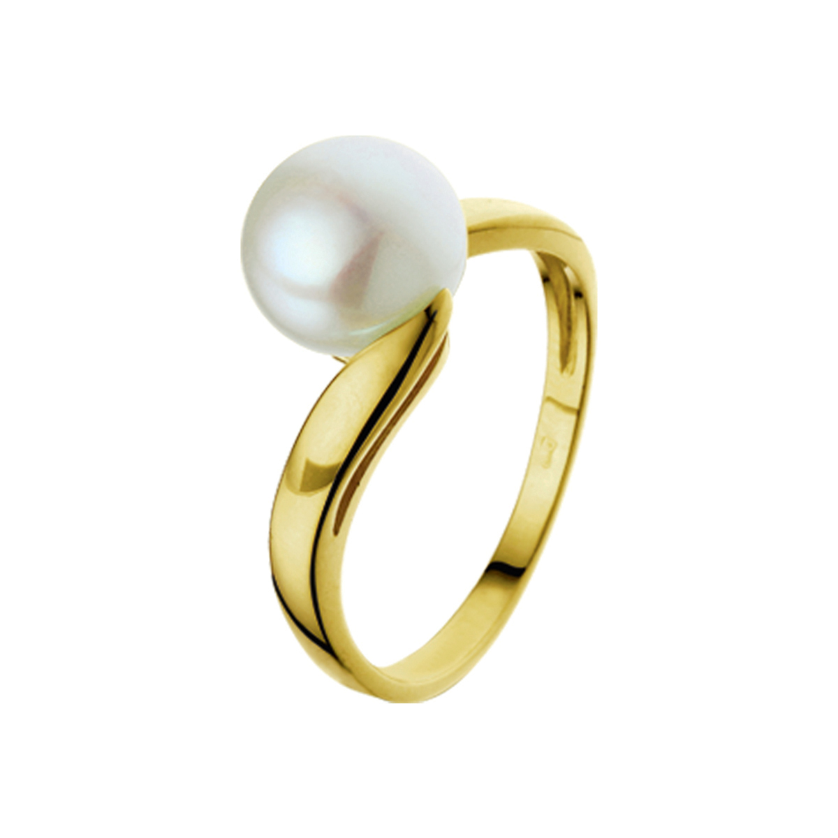 Geelgouden ring met zoetwaterparel.