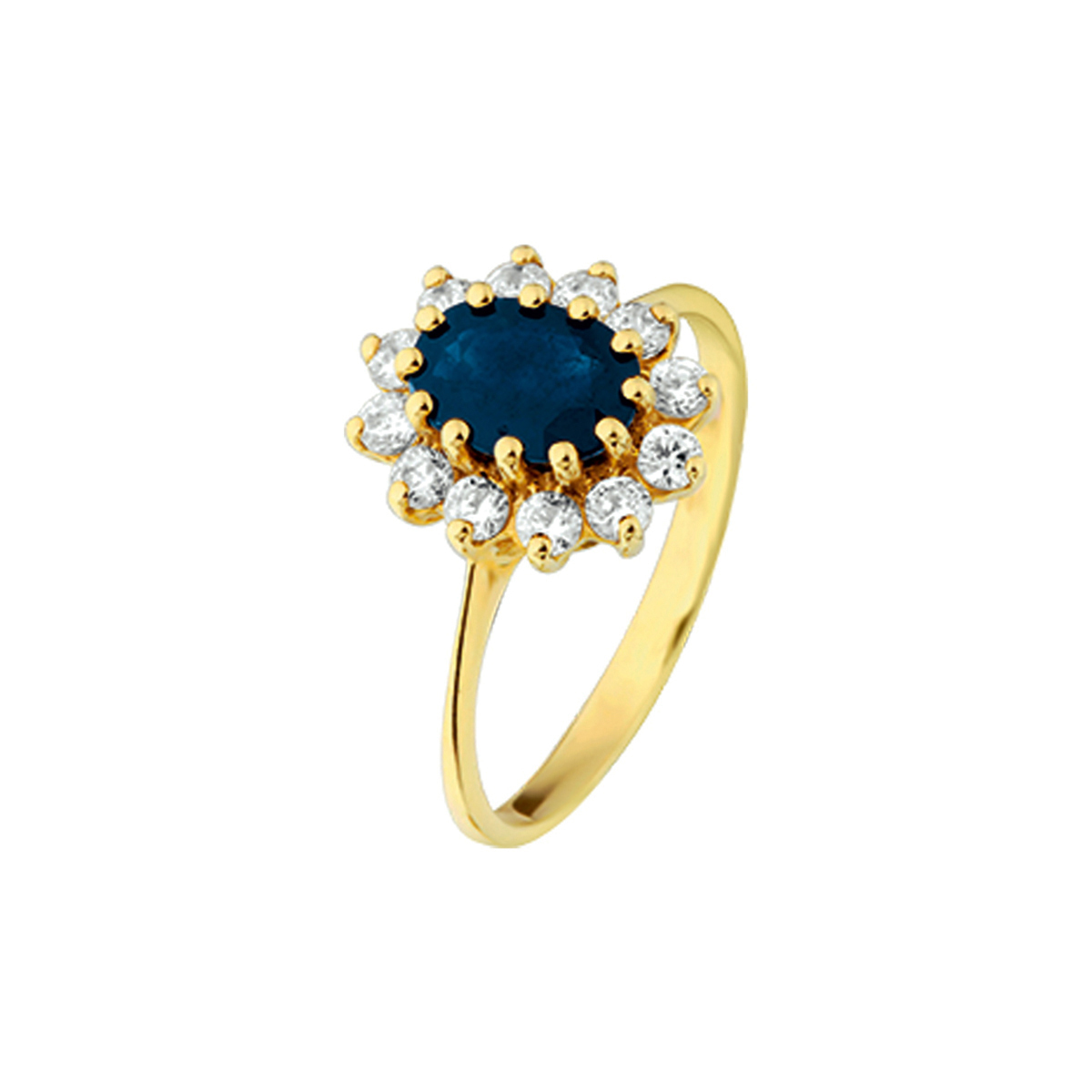 Geelgouden ring met saffier en zirkonia.