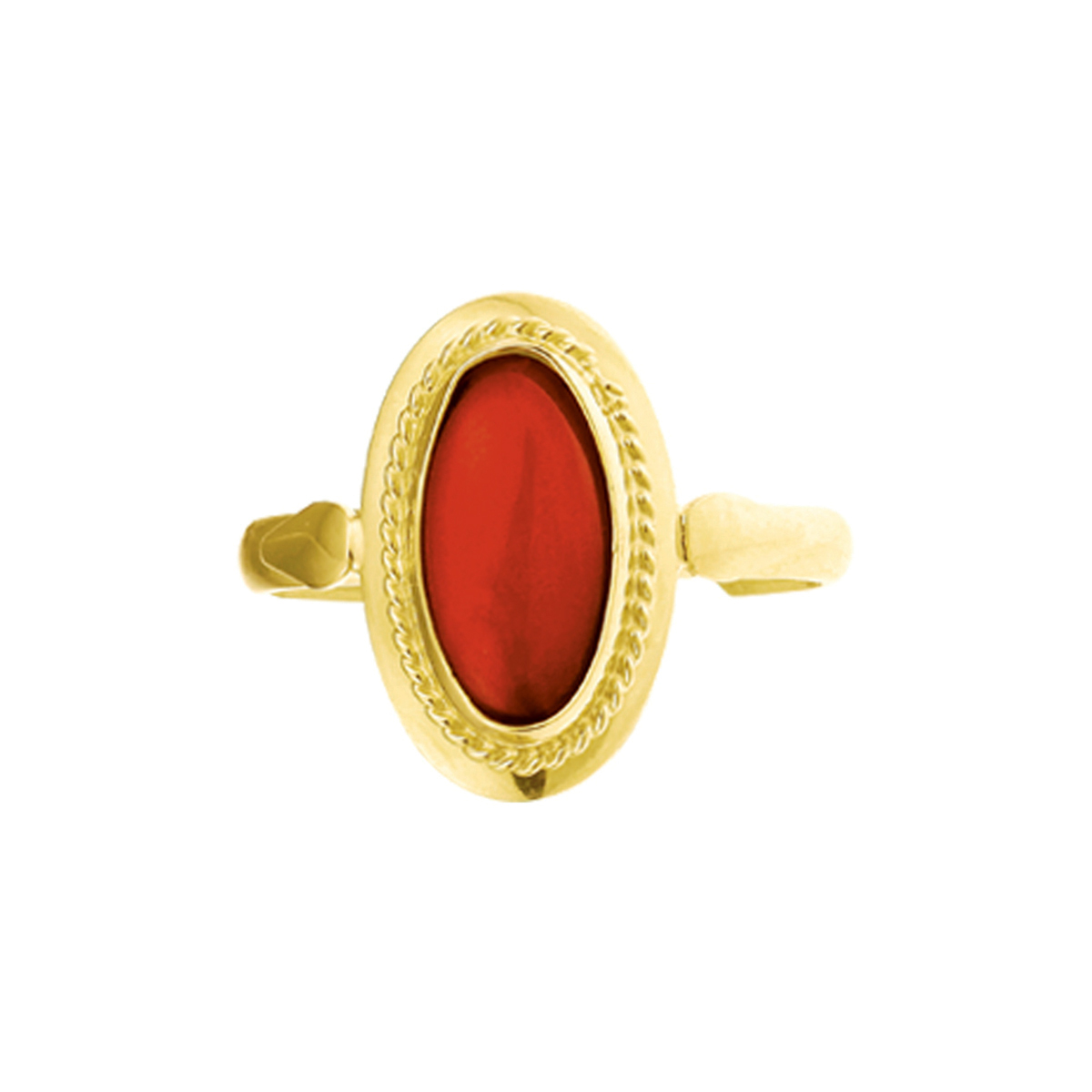Beschrijving: Geelgouden ring met bloedkoraal. 
Doelgroep: dames
Ringmaat: 17.50 mm (55)
Breedte: 15.5 mm