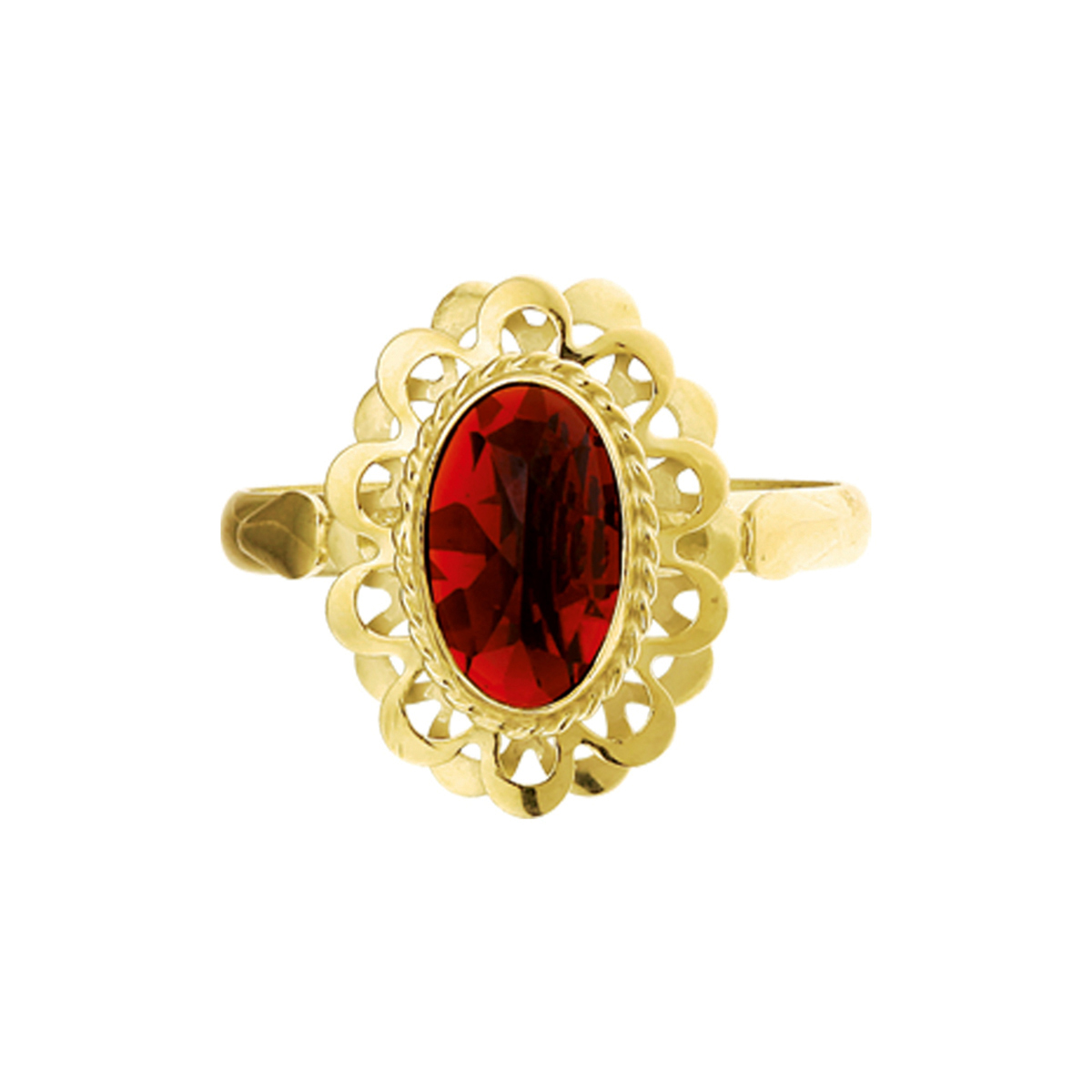 Beschrijving: Geelgouden ring met granaat. 
Uniekenummer serie: 29948
Verpakt per: 1
Doelgroep: dames
Ringmaat: 18.50 mm (58)
Breedte: 16 mm