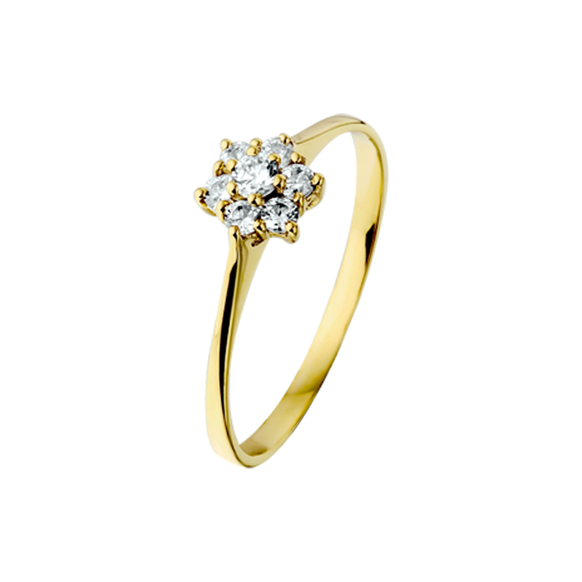 Beschrijving: Geelgouden ring met zirkonia. 
Uniekenummer serie: 4015834
Verpakt per: 1
Doelgroep: dames
Ringmaat: 15 mm (47)
Breedte: 1.6 mm
Zetting: entourage