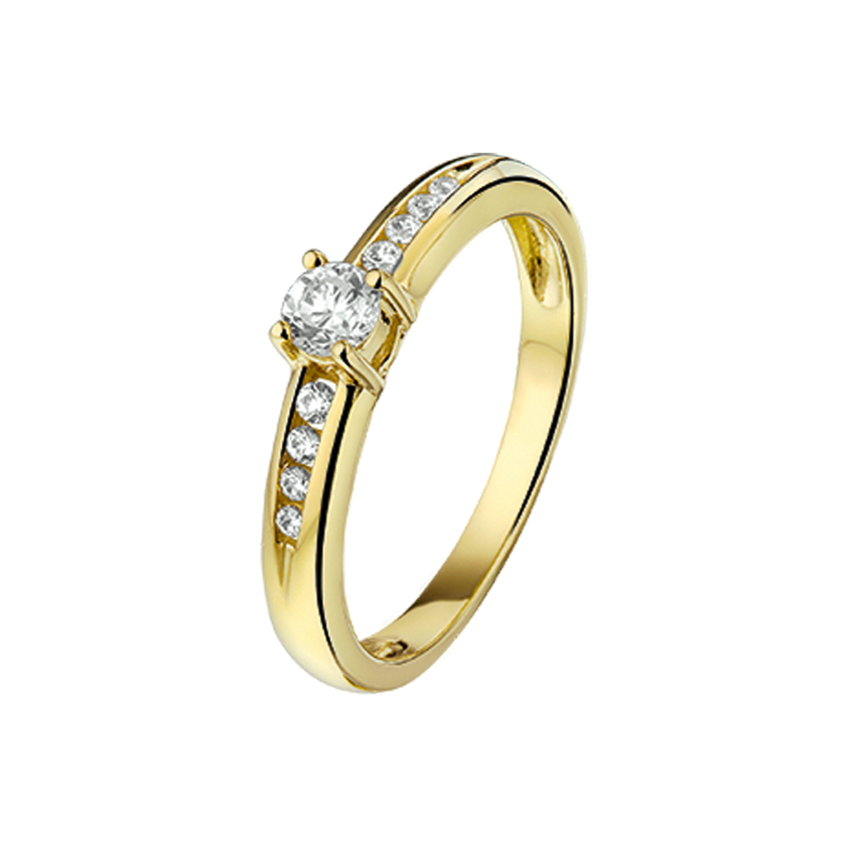 Beschrijving: Geelgouden ring met zirkonia. 
Uniekenummer serie: 26684
Verpakt per: 1
Doelgroep: dames
Ringmaat: 17.50 mm (55)
Breedte: 4 mm
Zetting: entourage (rijzetting)