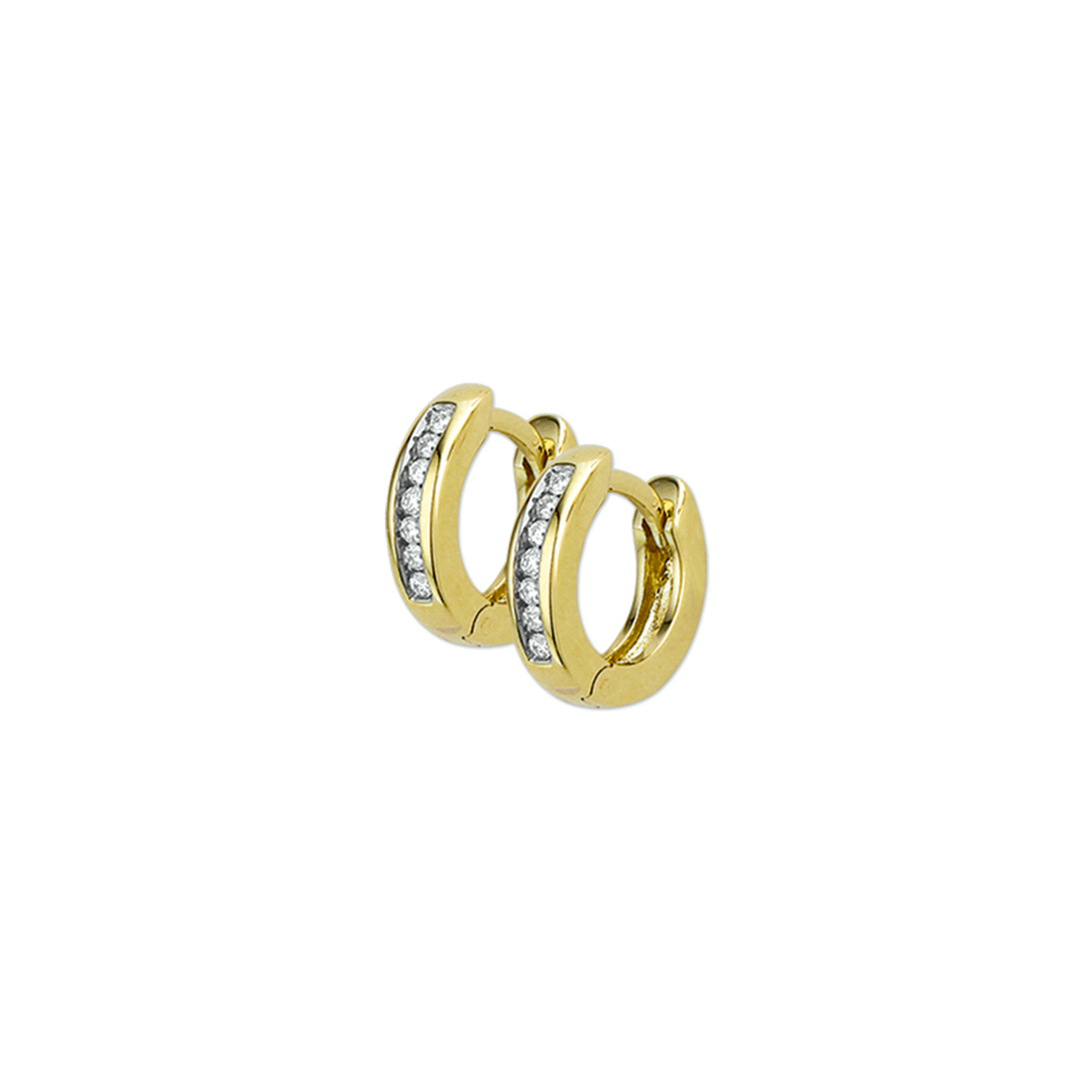Beschrijving: Geelgouden klapcreolen met diamant. 
Uniekenummer serie: 26829
Verpakt per: 1
Doelgroep: dames
Breedte: 3 mm
Zetting: alliance (rail zetting)