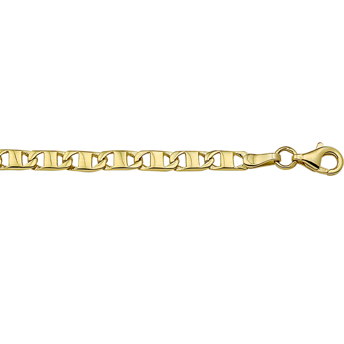 14 krt anker collier poli 
Breedte: 3.8 mm
Langste lengte: 50 mm